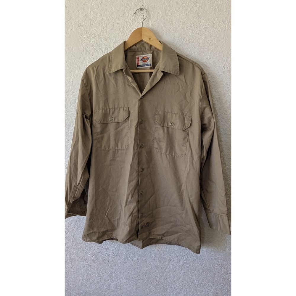 Dickies Mens Medium Khaki Tan Long Sleeve Button Up Work Shirt Utility Twill